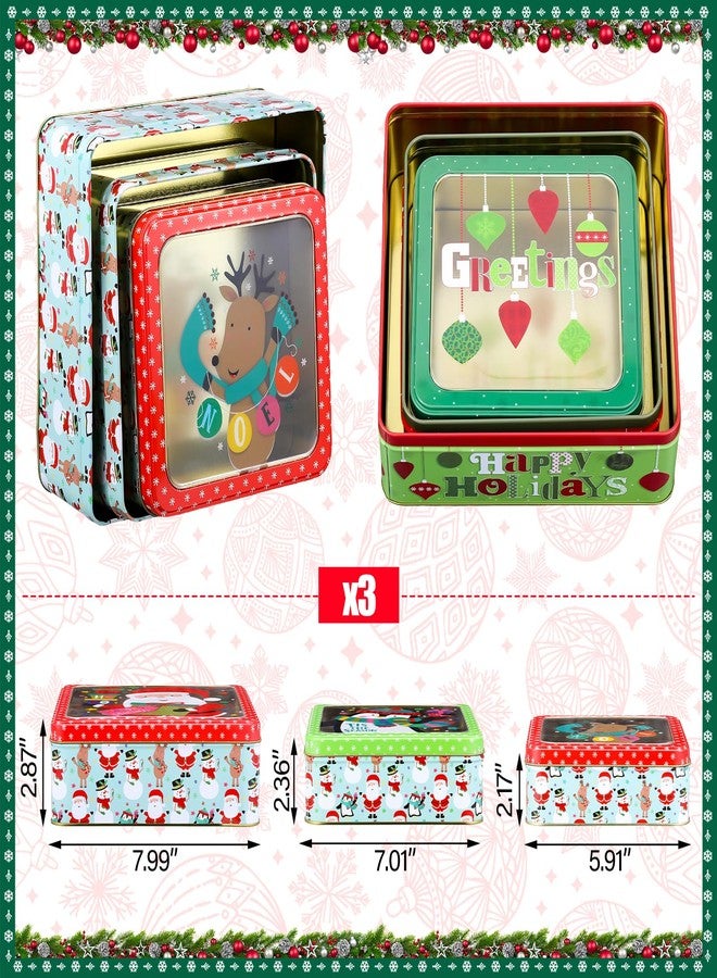 Nitial 9 Pack Christmas Cookie Tins with Lids for Gift Giving, Cookie Exchange, Holiday Treats, Square Festive Metal Nesting Containers Xmas Candy Boxes, 3 Sizes Large Medium Small - Image 2